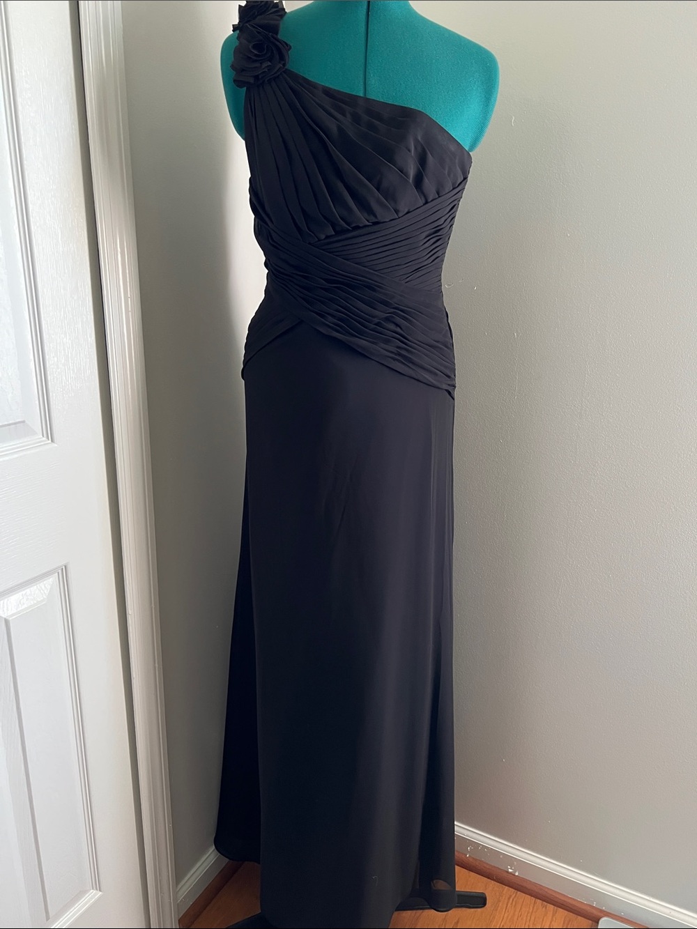 David's Bridal Black One-Shoulder Evening Gown with Rosette